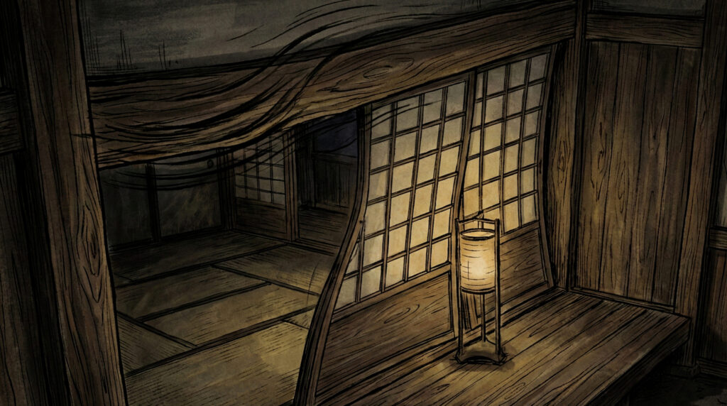 Yanari, a household phenomenon from Japanese folklore where unexplained sounds echo through a home, symbolizing domestic memory, architectural awareness, and the uncanny within living space.