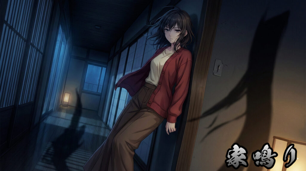 A modern reinterpretation inspired by Yanari, portraying a dark, quiet house resonating with unseen sounds, representing domestic anxiety, memory embedded in walls, and a home that listens.