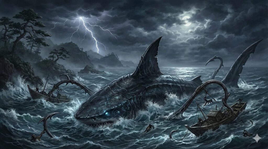 Traditional Japanese folklore illustration of Isonade, a massive unseen sea monster with a barbed fin emerging from stormy coastal waters, Edo-period yōkai depiction.