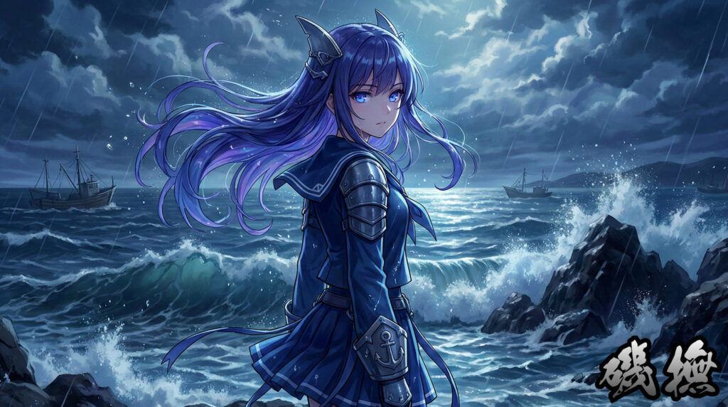 Modern anime-style reinterpretation inspired by Isonade as a beautiful sea-themed young woman, oceanic colors, subtle monster motifs, Japanese folklore fantasy illustration.