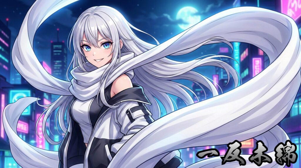 Anime-style beautiful girl inspired by the yokai Ittan-momen, with a living cloth floating around her