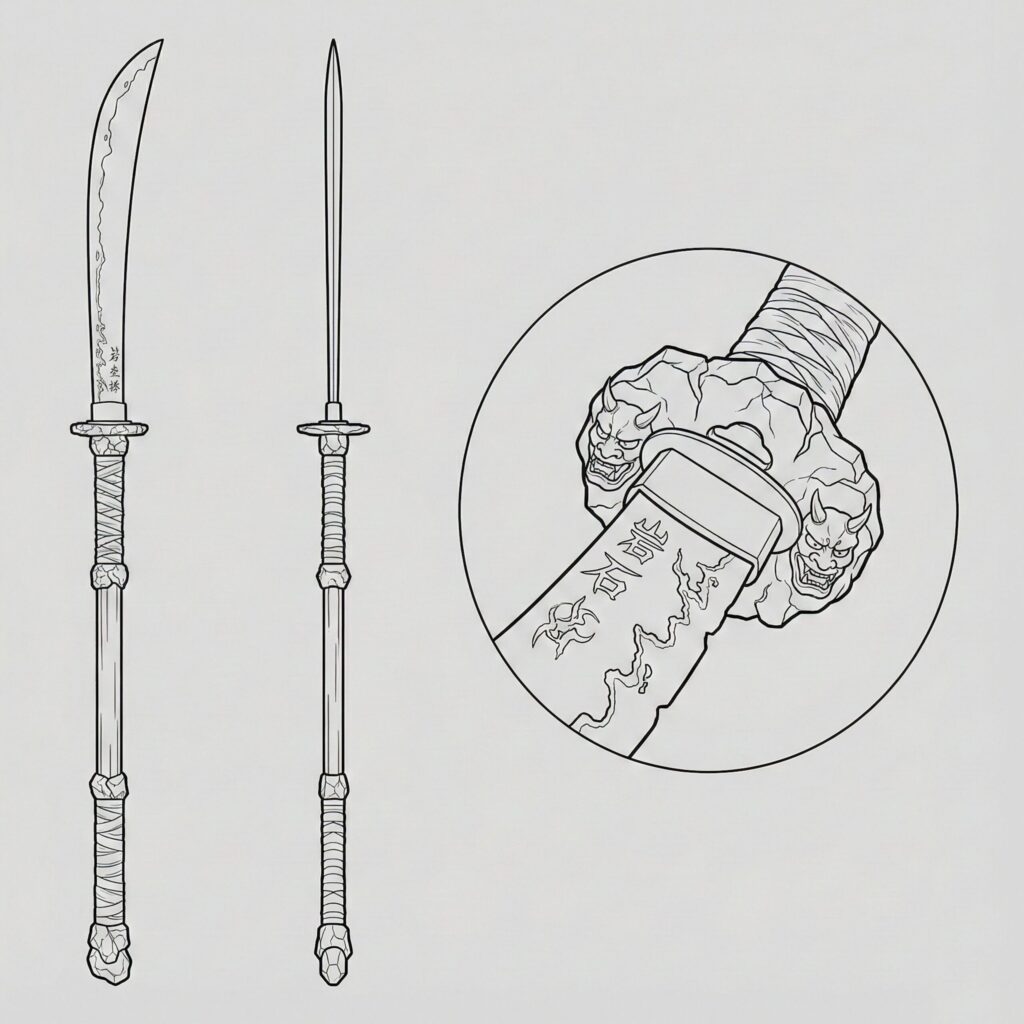 Iwatoshi – Legendary Japanese Yokai Blade Orthographic Reference | Phantom Tone Folklore Visual Iwatoshi Japanese legendary yokai naginata orthographic reference illustration