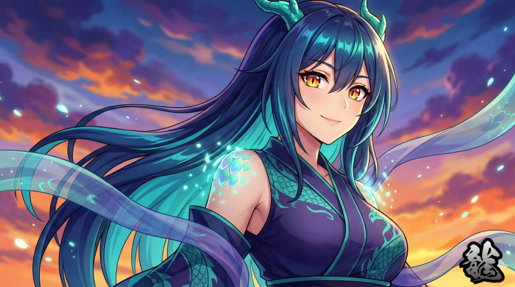 Anime-style beautiful girl inspired by traditional Japanese dragon deities, blending human and dragon features