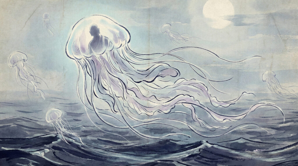 Kuragebō | Phantom Tone Folklore Visual Kuragebō, a jellyfish-like yōkai from Japanese folklore depicted as a drifting, monk-like presence, symbolizing passive danger, structureless life, and harm without intent.