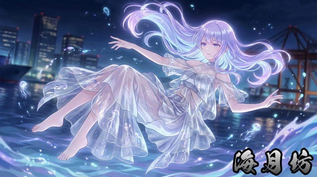 Kuragebō | Phantom Tone Folklore Visual A modern reinterpretation inspired by Kuragebō, portraying a translucent humanoid form drifting in the sea, representing anxiety, passive harm, and the indifferent nature of water.