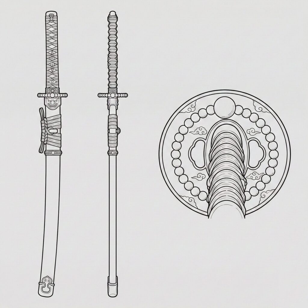 Juzumaru Tsunetsugu Japanese legendary yokai sword orthographic reference illustration