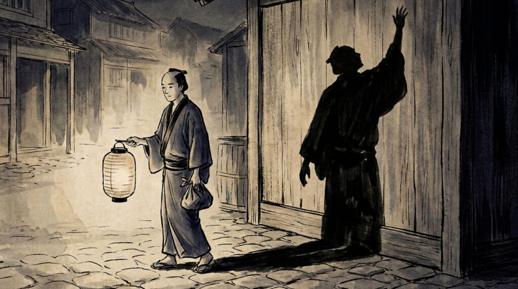 Traditional depiction of Kageboshi, a shadow-based supernatural anomaly in Japanese folklore, shown as a human shadow behaving independently or separating from its owner in dim transitional light.