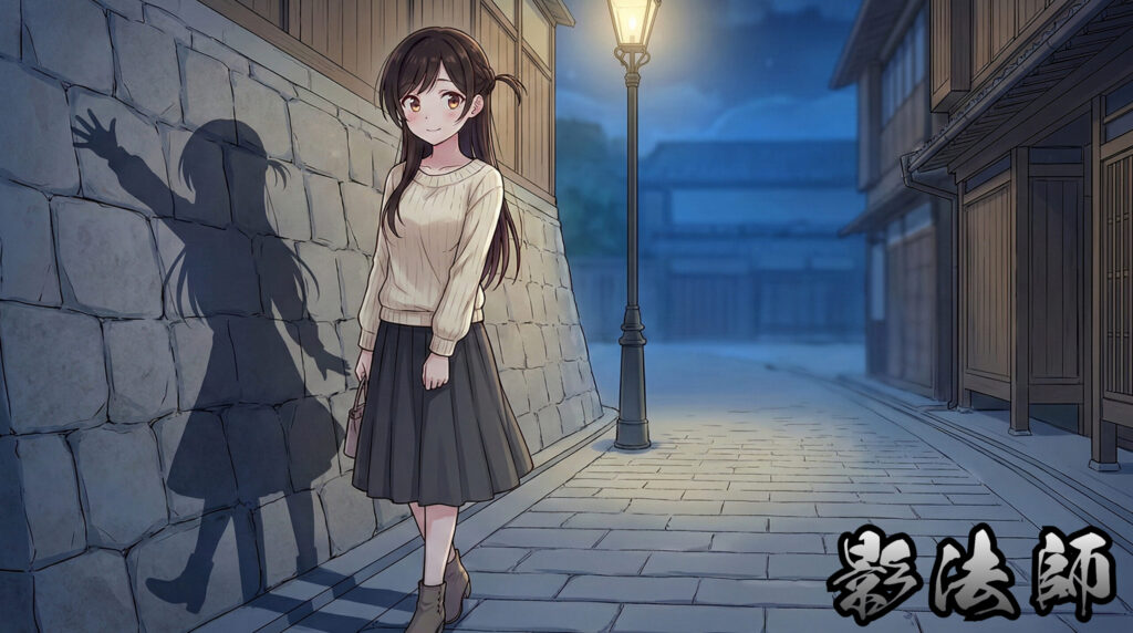 Modern reinterpretation of Kageboshi as a mysterious yokai girl, embodying autonomous shadows, separation of self, and eerie liminal presence in Japanese folklore.