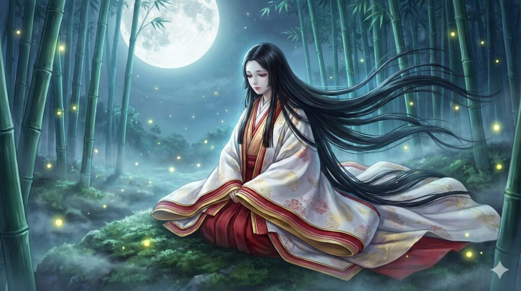Classical Japanese illustration of Kaguya-hime from The Tale of the Bamboo Cutter, celestial princess in traditional Heian-period robes, moonlit atmosphere, ancient folklore art style.