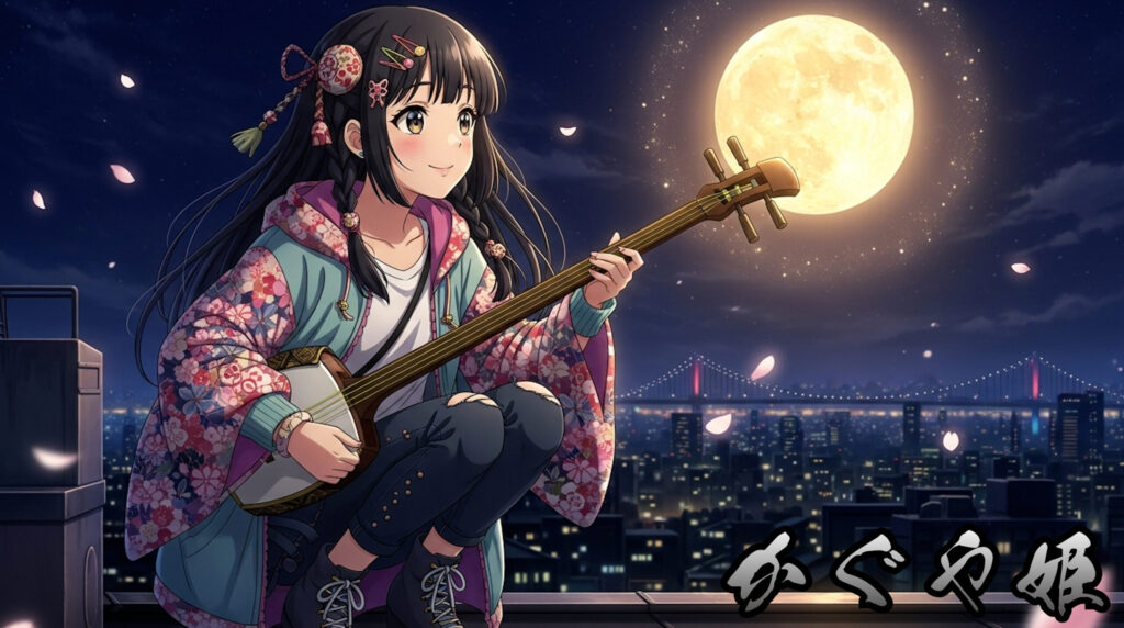 Modern anime-style illustration of Kaguya-hime as a graceful young woman with lunar motifs, flowing hair and soft glow, contemporary Japanese fantasy reinterpretation.
