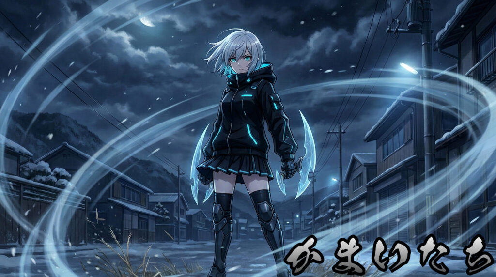 Anime-style beautiful girl inspired by the Japanese yokai Kamaitachi, controlling cutting wind blades