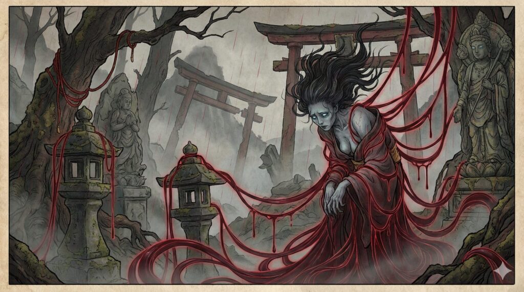 Traditional Japanese yōkai illustration of Kankandara, a skeletal mountain spirit with rattling bones and eerie posture, depicted in old folklore scroll style.