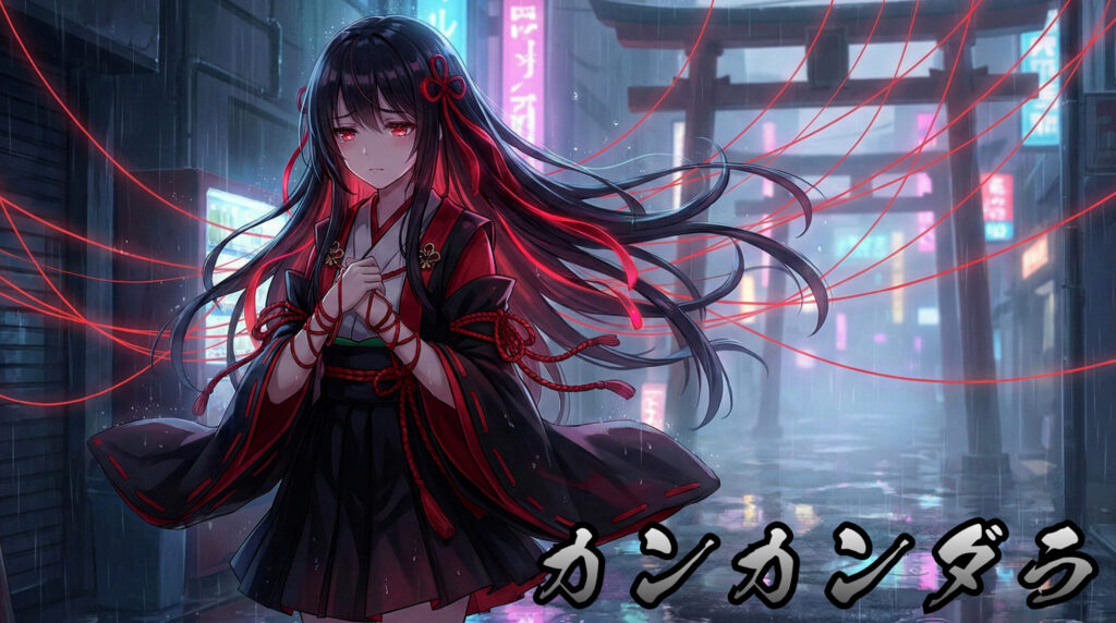 Modern anime-style reinterpretation of Kankandara as a mysterious young girl with skeletal and bone-themed elements, dark fantasy Japanese folklore character design.