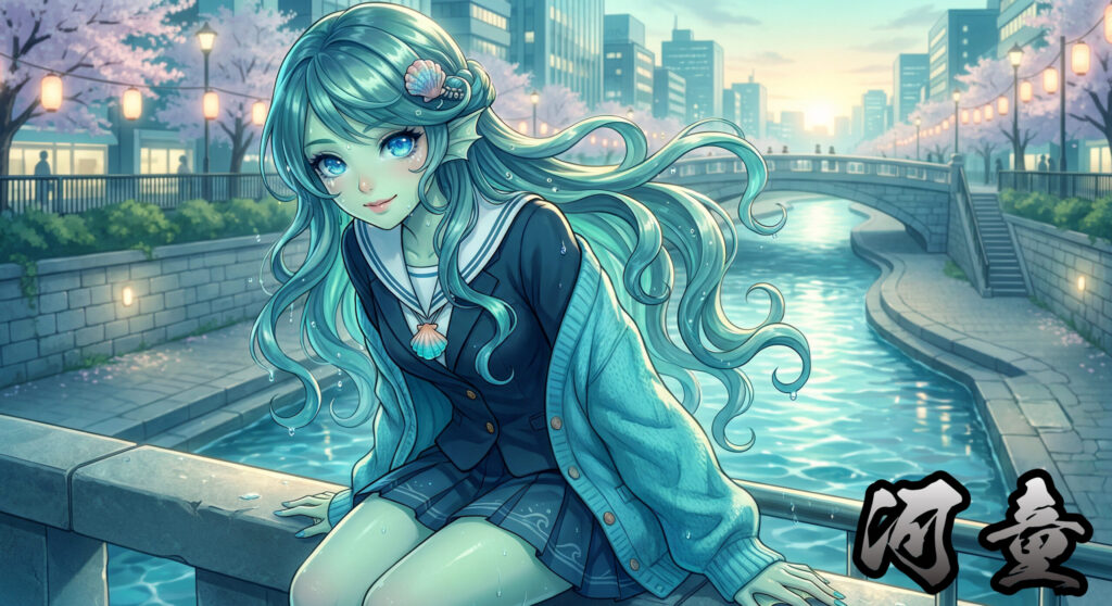 A modern reinterpretation of the Kappa from Japanese folklore — transformed into an anime-style water spirit girl. A fusion of mythology and contemporary street aesthetic.