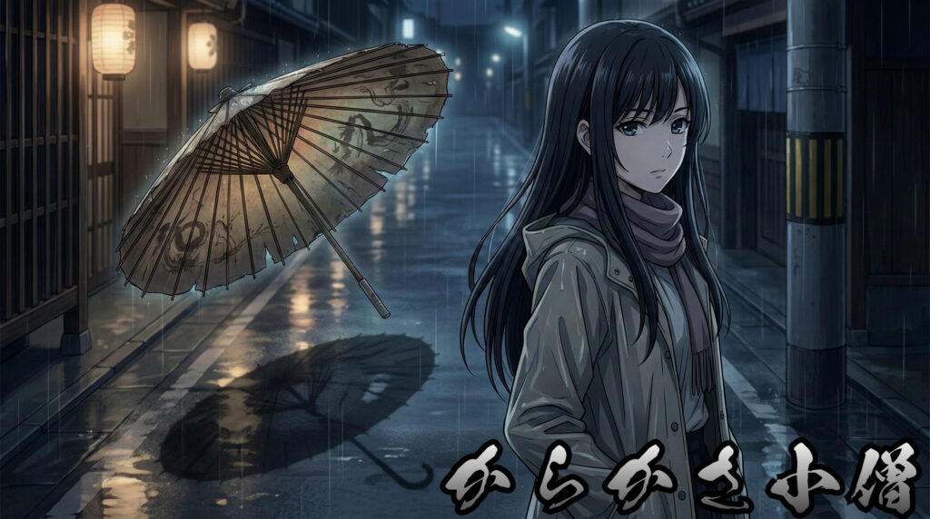 Anime-style beautiful girl inspired by Japanese yokai Karakasa Kozō