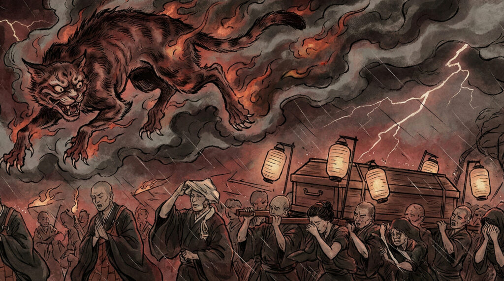 Ancient Japanese yokai Kasha stealing corpses during a funeral