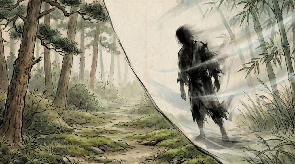 Traditional depiction of Kekkai Yōkai, boundary-dwelling anomalies in Japanese folklore, implied through torii gates, shimenawa ropes, crossroads, and liminal spaces rather than a single fixed form.