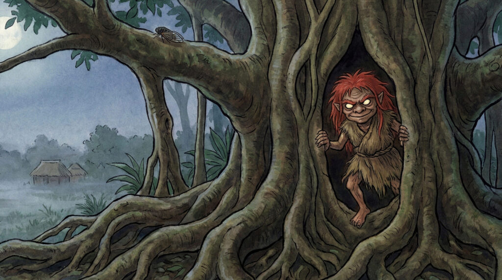 Ancient Okinawan yokai Kijimunā living in banyan trees