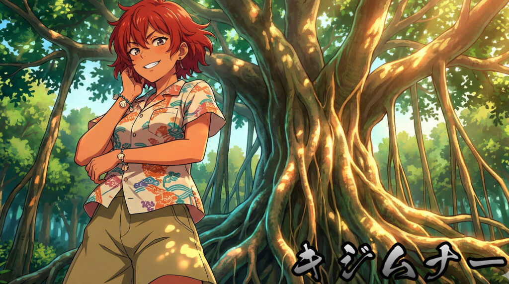 Anime-style beautiful girl inspired by Okinawan yokai Kijimunā