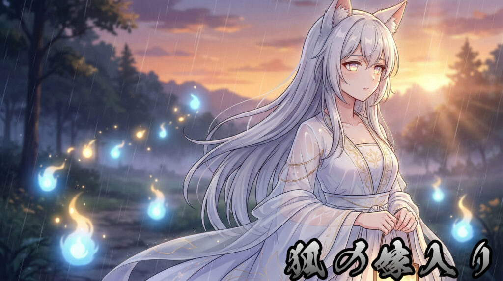 Anime-style beautiful fox bride inspired by Japanese folklore