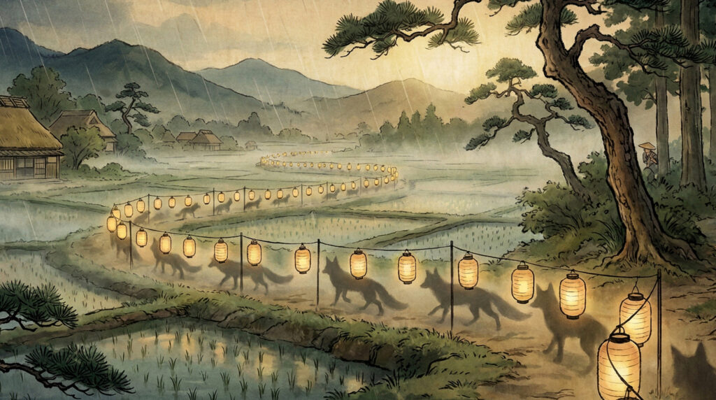 Ancient Japanese folklore scene of kitsune no yomeiri