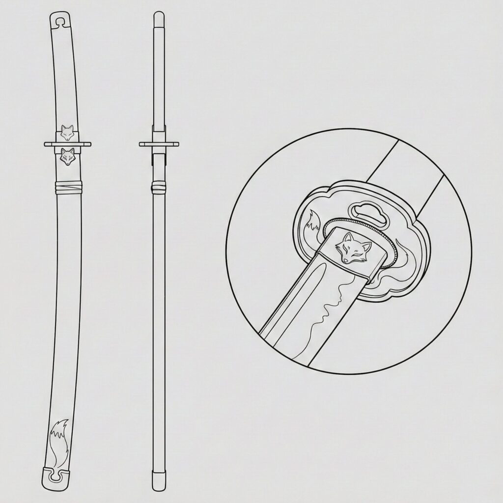 Kogitsunemaru Japanese legendary yokai sword orthographic reference illustration