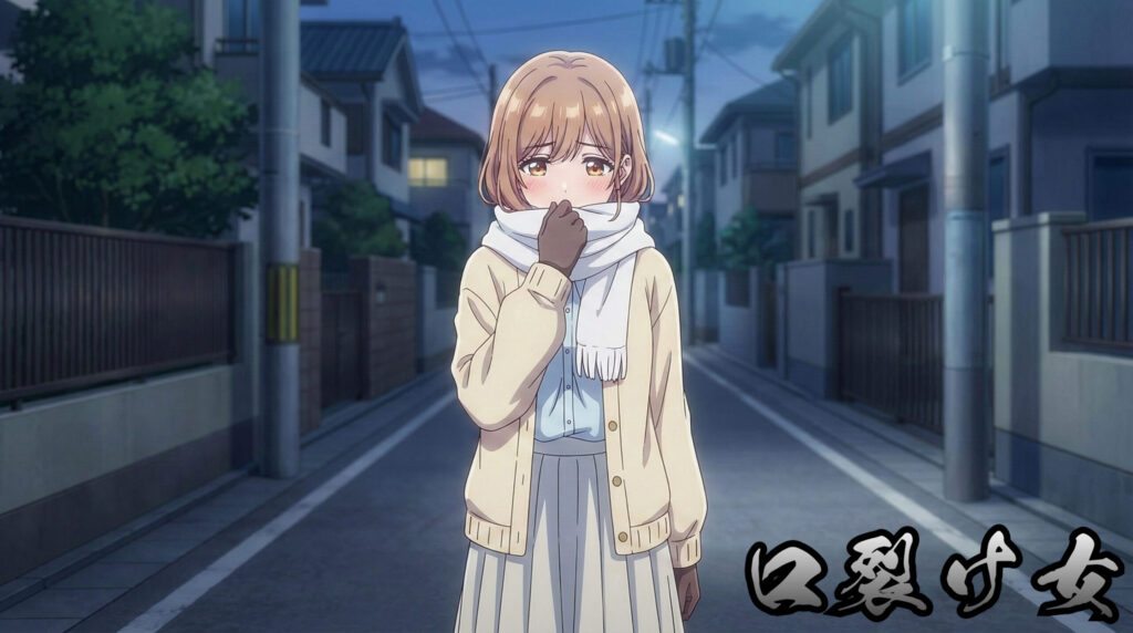 Modern reinterpretation of Kuchisake-onna as a mysterious yokai girl, embodying contemporary folklore, urban liminality, and interactive fear within Japanese modern myth.