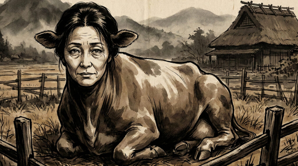 Kudan, a prophetic yōkai from Japanese folklore depicted with a human face and a cow’s body, symbolizing disaster prophecy, omens of calamity, and warnings spoken before death.