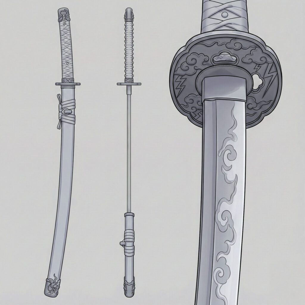 Kumogiri Japanese legendary yokai sword orthographic reference illustration