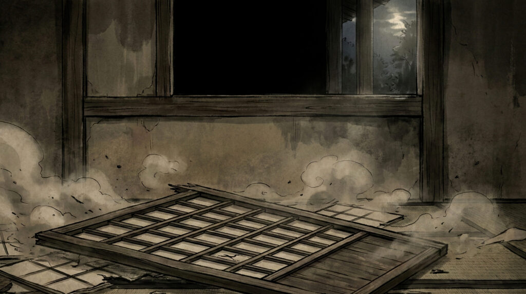 Traditional depiction of Mado-otoshi, an architectural folk anomaly in Japanese belief, implied through a traditional house window suddenly disturbed or opened at night without a visible cause.