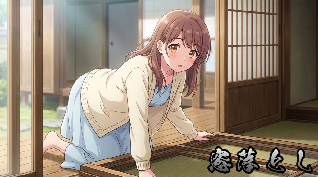 Modern reinterpretation of Mado-otoshi as a yokai girl, embodying architectural boundaries, domestic vulnerability, and supernatural disturbance linked to windows in Japanese folklore.