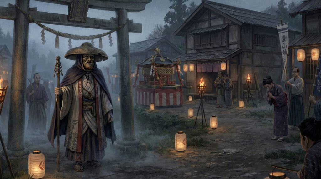 Traditional depiction of Marebito, visiting deities in Japanese folklore, shown as masked or indistinct sacred figures arriving from mountains or the sea to temporarily enter human communities.