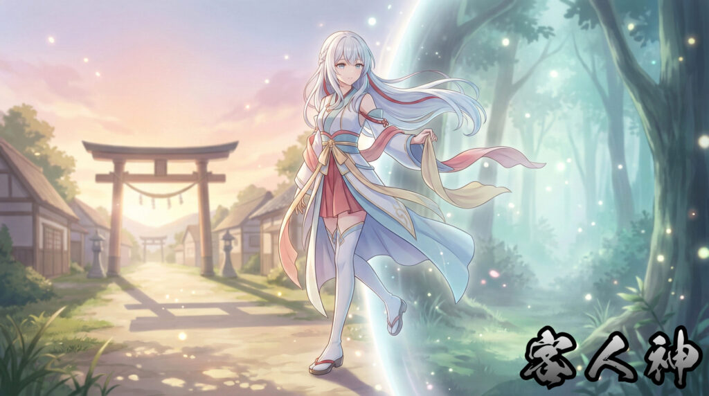 Modern reinterpretation of Marebito as a yokai girl, embodying the concept of visiting gods, ritual arrival, and transformative presence rooted in Japanese folklore traditions such as Namahage.