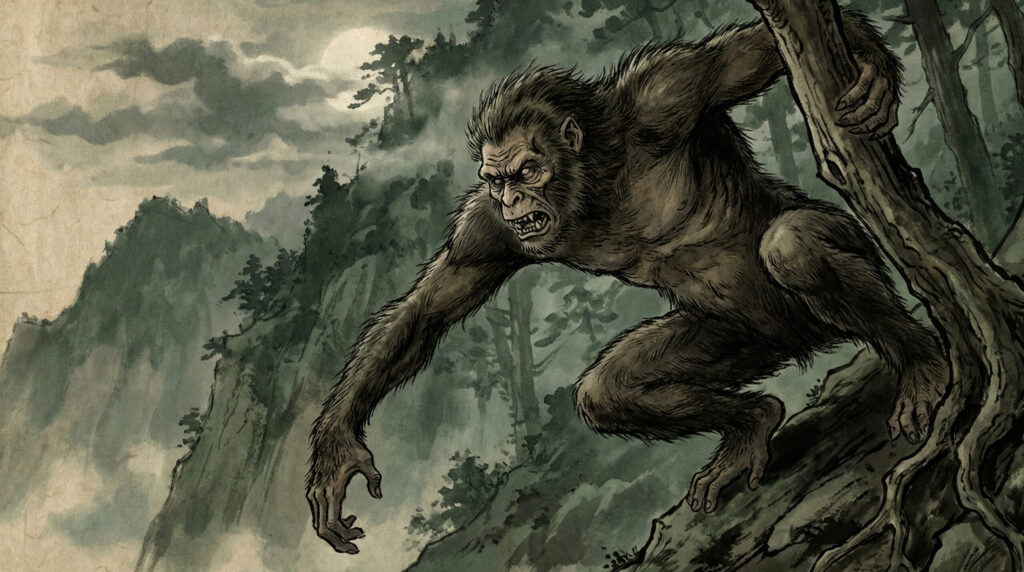 Hihi, a fearsome ape-like beast from Japanese mountain folklore that preys on humans, symbolizing raw predation, wilderness danger, and nature without moral intent.