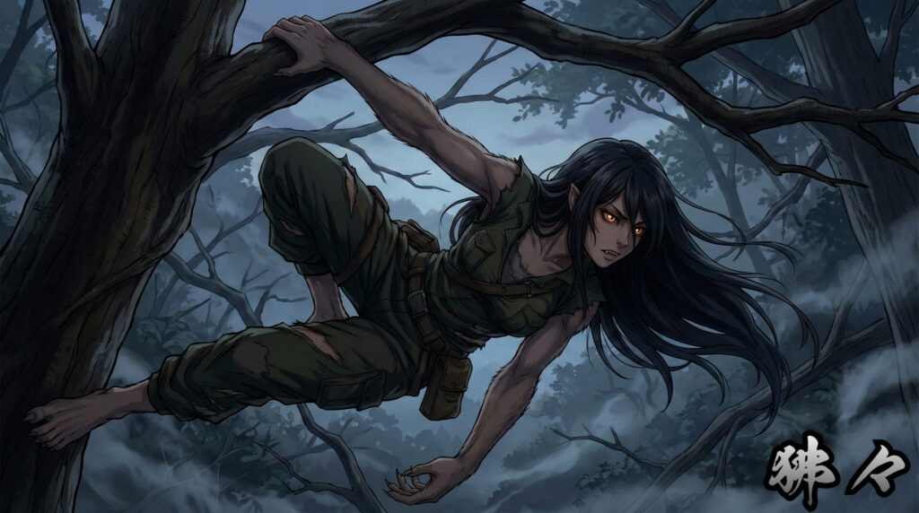 A modern reinterpretation inspired by Hihi, depicting a massive shadowy beast lurking in a mountain forest, representing primal fear, human vulnerability, and the threat of untamed nature.