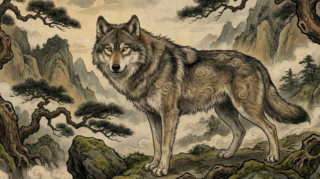 mountain_god_messenger_beast, a beast-shaped messenger in Japanese mountain folklore that conveys the will of the mountain god, symbolizing delegated authority, sacred boundaries, and natural law.