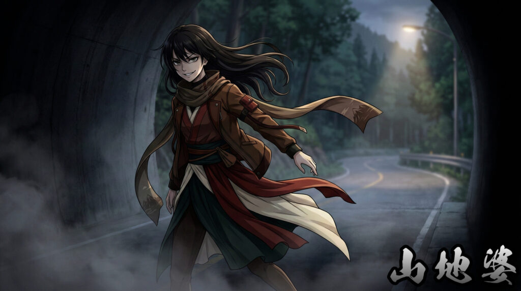 Yamajibaba | Phantom Tone Folklore Visual A modern reinterpretation inspired by Yamajibaba, portraying an elderly woman standing on a mountain road, representing gatekeeping, liminal judgment, and the authority of place.