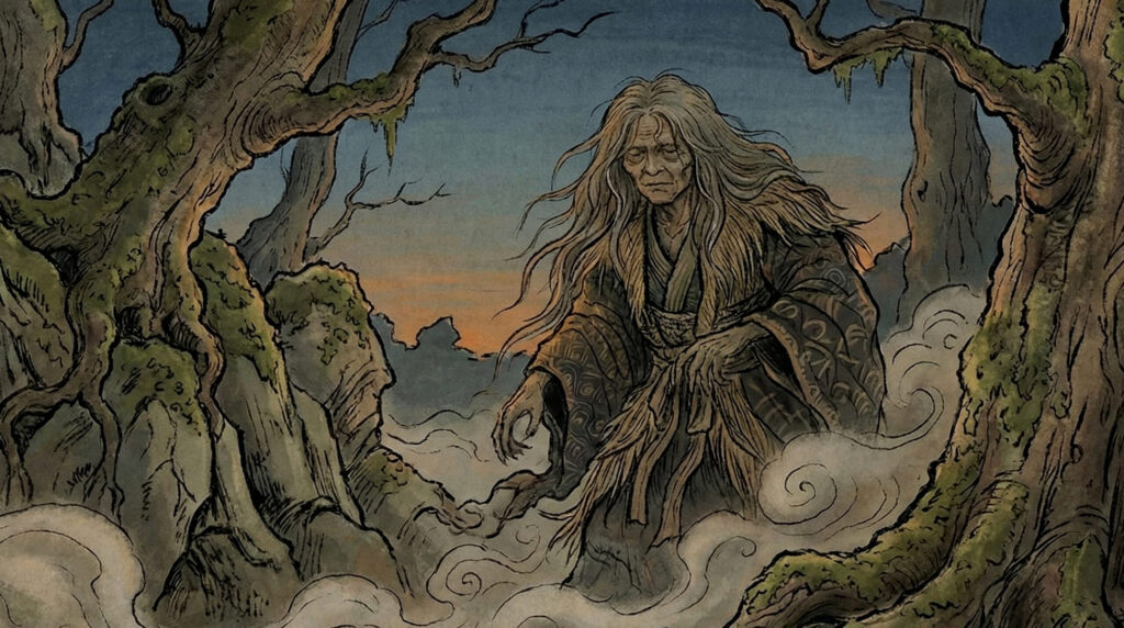 Sansei, a mountain spirit from Japanese folklore representing the living essence of the mountain itself, symbolizing animism, endurance, and silent natural authority.