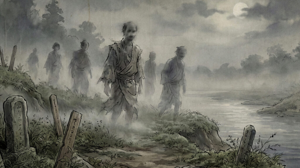 Conceptual traditional depiction of Muen-sha, anomalies of socially dead individuals in Japanese folk thought, implied through solitary human figures lingering at boundaries such as roadsides and village edges without social recognition.