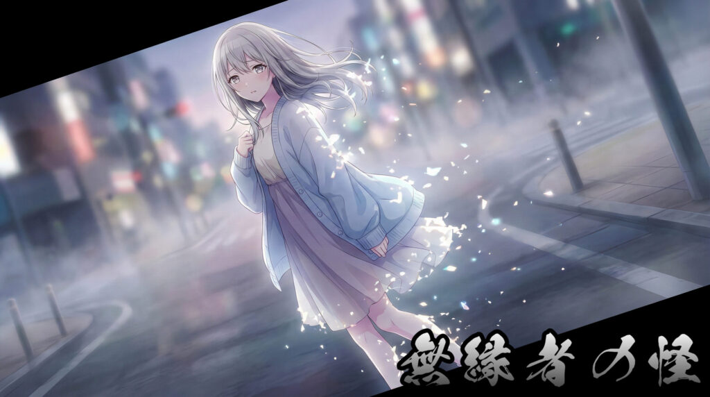 Modern reinterpretation of Muen-sha as a quiet yokai girl, embodying social erasure, isolation, and the unsettling presence of the living without ties in Japanese folklore.