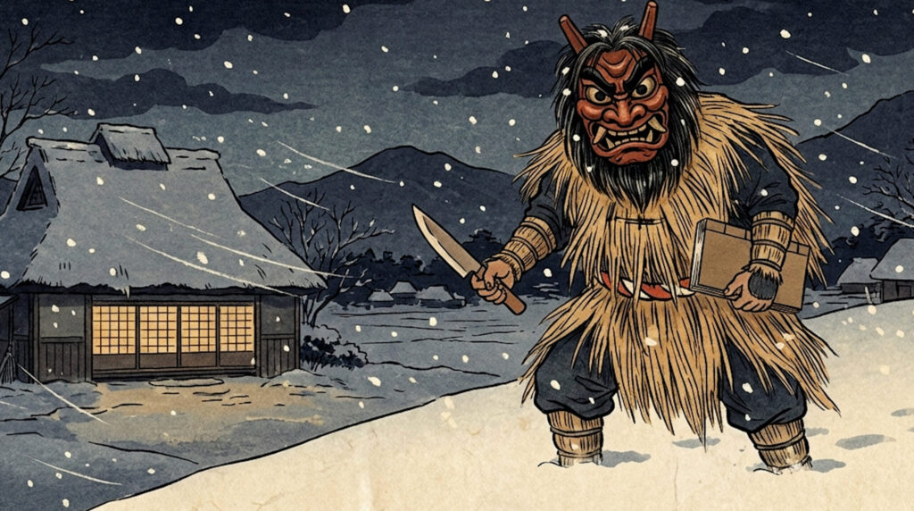 Ancient Namahage visiting deity in snowy northern Japan