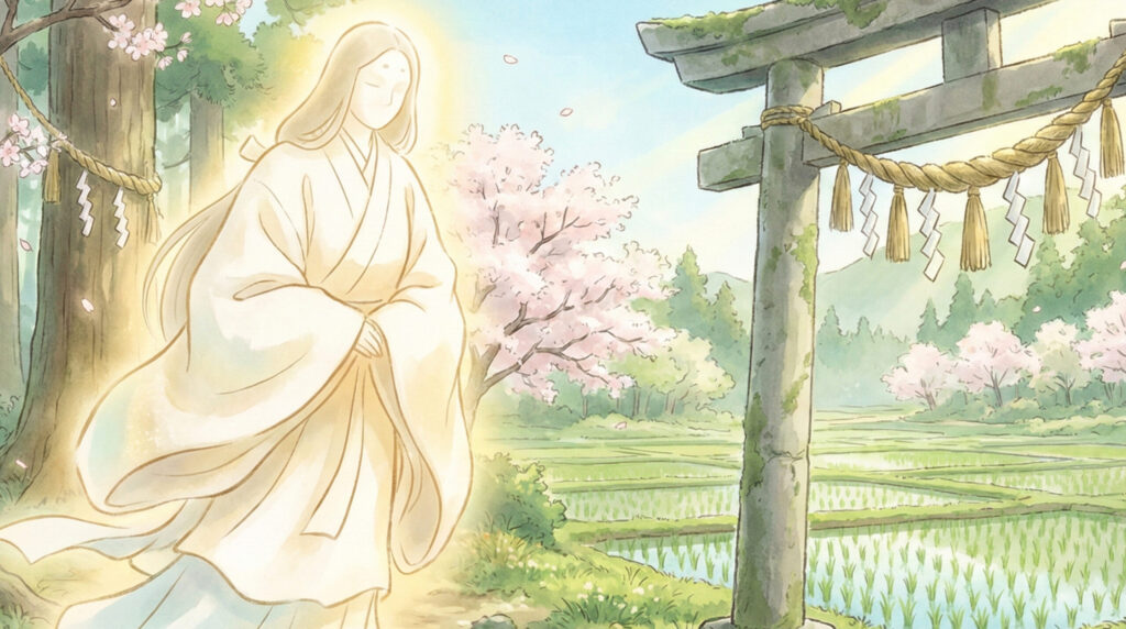 Traditional depiction of Nigimitama, the harmonized aspect of kami in Japanese belief, represented through calm ritual space, shrines, and divine presence integrated into human society.