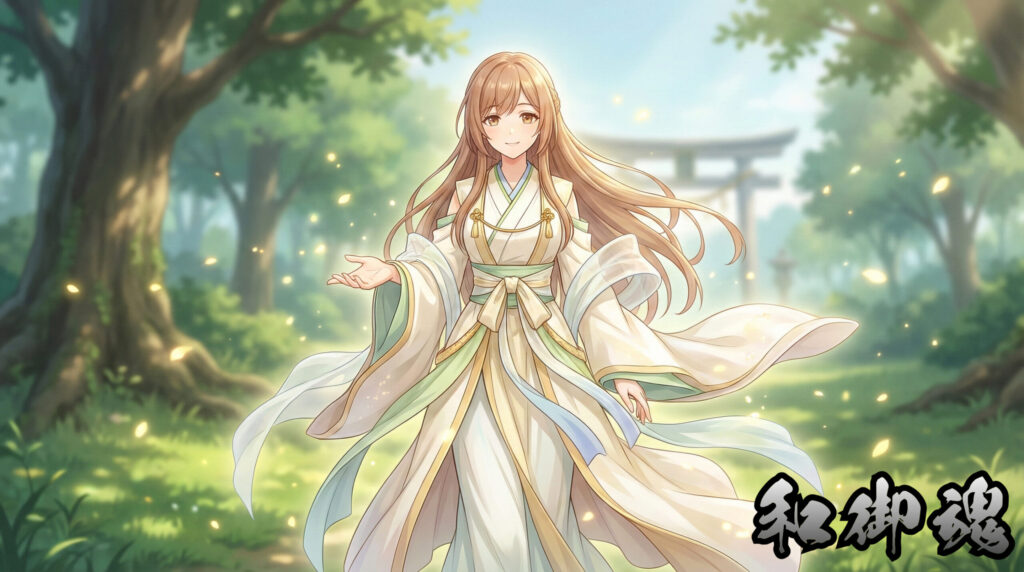 Modern reinterpretation of Nigimitama as a yokai girl, embodying balanced divine power, harmony, and the stabilized presence of kami through ritual and coexistence.