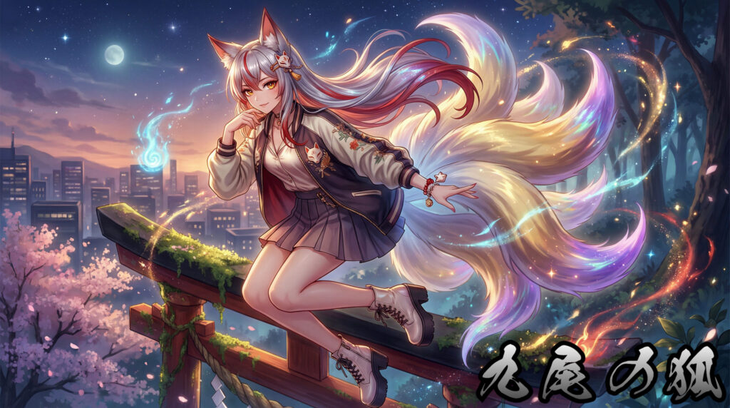 A modern reinterpretation of the nine-tailed fox from Japanese folklore — transformed into an anime-style water spirit girl. A fusion of mythology and contemporary street aesthetic.