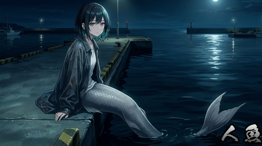 Modern anime-style beautiful girl inspired by the Japanese Ningyo, a human-fish hybrid in a harbor at night