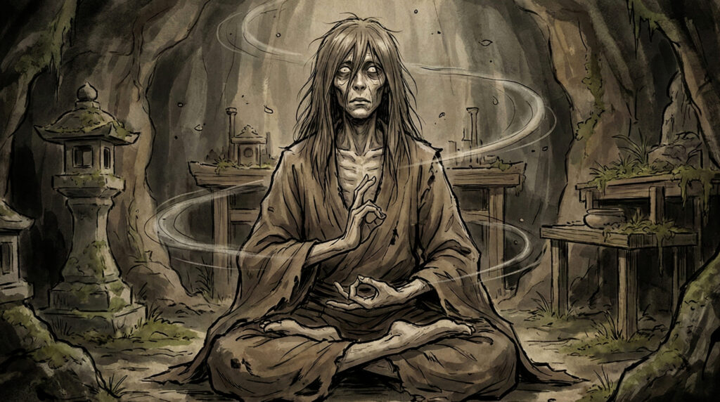 Traditional depiction of Nenja, a manifestation of obsessive thought in Japanese folklore, shown as an indistinct human-like presence bound to lingering spiritual fixation.