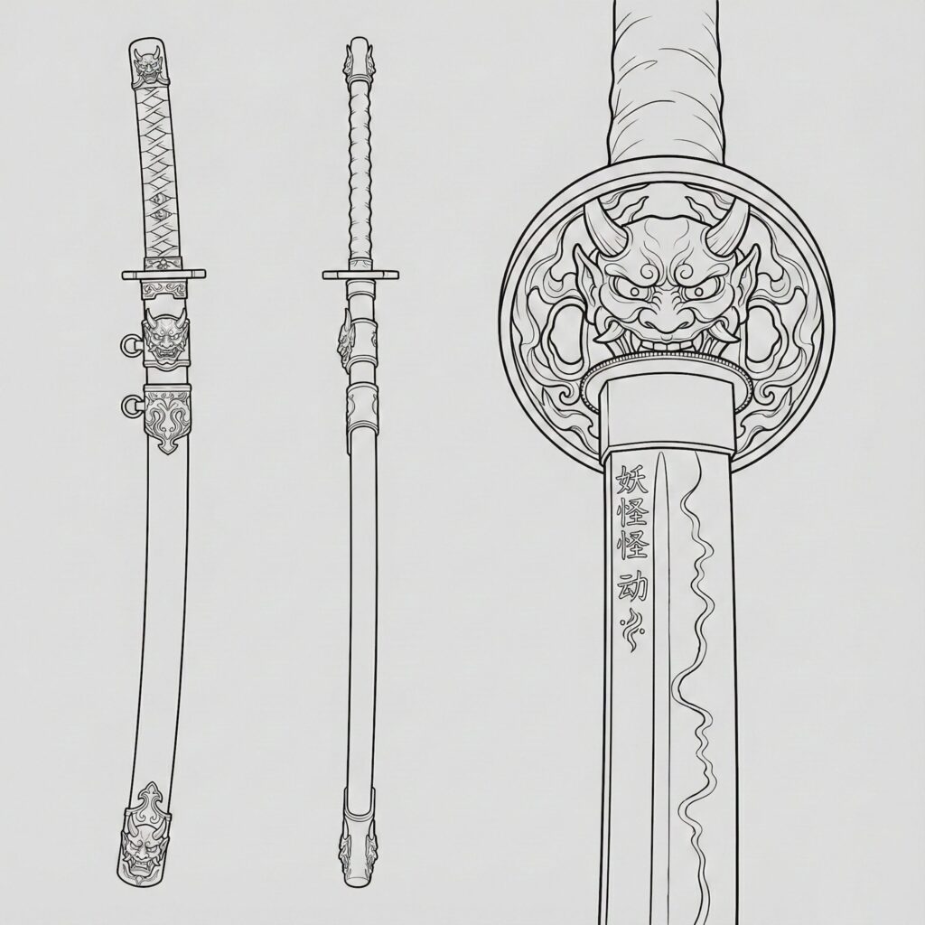 Odenta Mitsuyo – Legendary Japanese Yokai Sword Orthographic Reference | Phantom Tone Folklore Visual Odenta Mitsuyo Japanese legendary yokai sword orthographic reference illustration