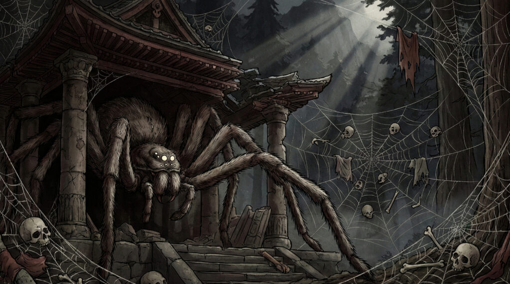 Traditional depiction of Ōgumo, giant mountain-dwelling spiders in regional Japanese folklore, shown as enormous arachnid entities inhabiting forests, ravines, or caves and attacking travelers by ambush.