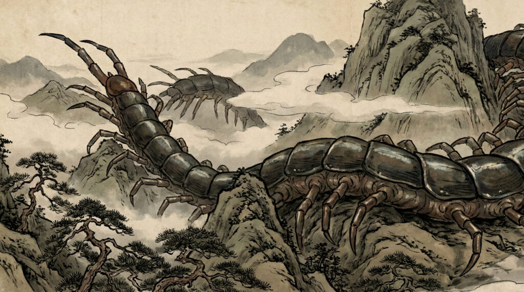 Ancient Japanese giant centipede yokai Ōmukade in the mountains