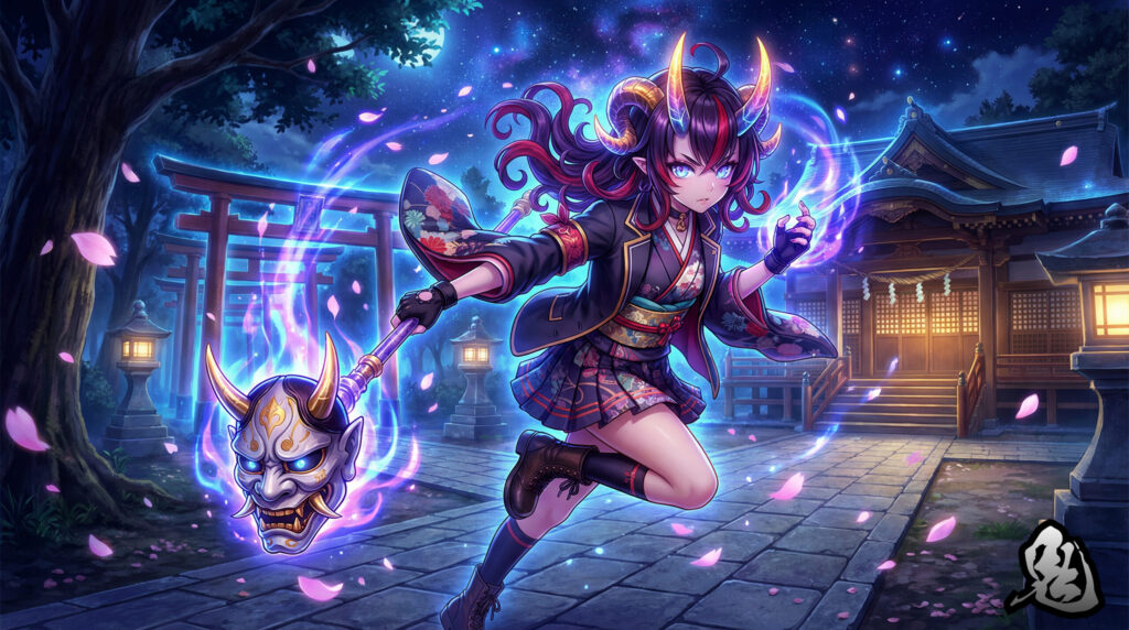 A modern reinterpretation of the oni from Japanese folklore — transformed into an anime-style water spirit girl. A fusion of mythology and contemporary street aesthetic.